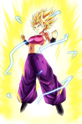 Rule 34 | 10s, 1girl, aqua eyes, aura, baggy pants, bare shoulders, big hair, blonde hair, breasts, caulifla, crop top, dragon ball, dragon ball super, electricity, eyelashes, floating, grin, highres, impossible clothes, medium breasts, navel, pants, purple pants, shinopia, simple background, smile, solo, spiked hair, super saiyan, super saiyan 2, vambraces, white background