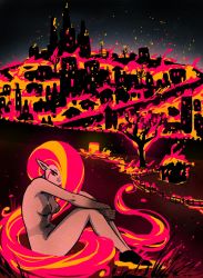 Rule 34 | 1girl, akairiot, breasts, brenna (akairiot), building, burning, burning building, colored sclera, colored skin, completely nude, covering own mouth, destruction, embers, eyelashes, fence, fiery hair, fire, flat color, full body, grass, hair over one eye, highres, knees up, landscape, long hair, medium breasts, navel, night, no lineart, nude, original, outdoors, pointy ears, red eyes, red skin, sitting, solo, tears, town, tree, very long hair, yellow sclera