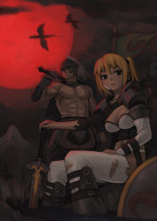 Rule 34 | 1boy, 1girl, armor, bandaid, blonde hair, breasts, cleavage, dark, dragon, expressionless, fantasy, flag, flying, from below, gradient background, holding, holding sword, holding weapon, iyokawa, looking at viewer, looking to the side, monster, moon, muscular, night, outdoors, ponytail, red moon, scar, scarf, shield, shoulder pads, side ponytail, silhouette, sitting, sword, thighhighs, torn clothes, water, weapon