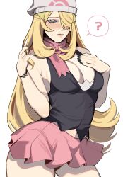 Rule 34 | 1girl, absurdres, alternate costume, beanie, blonde hair, blush, breasts, cleavage, cosplay, creatures (company), cynthia (pokemon), dawn (pokemon), dawn (pokemon) (cosplay), game freak, grey eyes, hair over one eye, hat, highres, long hair, looking at viewer, miniskirt, nintendo, poke ball print, pokemon, pokemon dppt, porqueloin, scarf, shirt, skirt, sleeveless, solo, thick thighs, thighs, tight clothes, very long hair, wavy hair, white hat