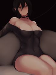 Rule 34 | 1girl, :3, absurdres, bad id, bad pixiv id, bare shoulders, black background, black collar, black dress, black eyes, black hair, breasts, chainsaw man, cleavage, collar, couch, covered navel, cropped legs, dress, ear piercing, eyebrows, highres, leash, looking to the side, medium breasts, naughty face, off-shoulder dress, off shoulder, on couch, piercing, reze (chainsaw man), sitting, smile, thick thighs, thighs, zaki (zaki btw)