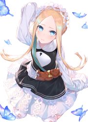 Rule 34 | 1girl, abigail williams (fate), abigail williams (festival outfit) (fate), animal, black dress, blonde hair, bloomers, blue eyes, bug, butterfly, butterfly hair ornament, commentary request, dress, fate/grand order, fate (series), forehead, hair ornament, hakuishi aoi, heroic spirit chaldea park outfit, insect, keyhole, long hair, long sleeves, official alternate costume, parted bangs, shirt, sidelocks, simple background, sitting, sleeveless, sleeveless dress, sleeves past fingers, sleeves past wrists, solo, stuffed animal, stuffed toy, teddy bear, underwear, very long hair, wariza, white background, white bloomers, white shirt