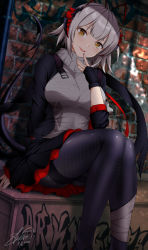 Rule 34 | 1girl, antenna hair, arknights, bandaged leg, bandages, black jacket, black pants, black skirt, blush, box, breasts, clip studio paint (medium), commentary, dated, demon tail, english commentary, finger to mouth, fingerless gloves, gloves, grey hair, grey shirt, hair between eyes, headgear, highres, jacket, long sleeves, looking at viewer, medium breasts, on box, open clothes, open jacket, open mouth, pants, red skirt, sheita, shirt, short hair, signature, sitting, skirt, solo, stone wall, tail, w (arknights), wall, wooden box, yellow eyes