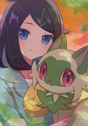 Rule 34 | 0roshioji3ran, 1girl, black hair, blue eyes, blurry, closed mouth, commentary, creatures (company), day, game freak, green jacket, hair ornament, hairclip, highres, jacket, liko (pokemon), long hair, looking at viewer, nintendo, outdoors, pokemon, pokemon (anime), pokemon (creature), pokemon horizons, shirt, smile, sprigatito, symbol-only commentary, twitter username, watermark, white shirt, yellow bag