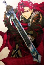 Rule 34 | 1boy, closed mouth, diamant (fire emblem), fire emblem, fire emblem engage, highres, holding, holding sword, holding weapon, looking at viewer, male focus, nintendo, red eyes, red hair, sturm fe k11, sword, upper body, weapon, white background