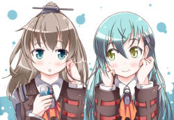 Rule 34 | 10s, 1girl, 2girls, :o, aqua eyes, aqua hair, blush, brown hair, digital media player, earphones, hair ornament, hairclip, hands on own cheeks, hands on own face, kantai collection, kumano (kancolle), long hair, looking at another, mad (hazukiken), multiple girls, personification, ponytail, shared earphones, skirt, smile, suzuya (kancolle), thighhighs