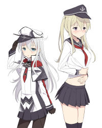 Rule 34 | 2girls, bad id, bad pixiv id, blonde hair, blue eyes, capelet, cnm, cosplay, costume switch, covering privates, flat cap, gloves, graf zeppelin (kancolle), graf zeppelin (kancolle) (cosplay), hand on own stomach, hat, hat tip, hibiki (kancolle) (cosplay), hibiki (kancolle), kantai collection, long hair, midriff, military, military uniform, multiple girls, pantyhose, peaked cap, pleated skirt, simple background, skirt, twintails, undersized clothes, uniform, white background