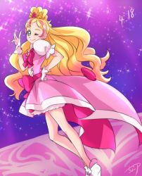 Rule 34 | 1girl, blonde hair, bow, chocokin, cure flora, dated, dutch angle, eyebrows, full body, gloves, go! princess precure, green eyes, hand on own hip, haruno haruka, legs, long hair, long legs, looking at viewer, magical girl, multicolored hair, one eye closed, pink bow, pink hair, pink skirt, precure, purple background, shoes, signature, skirt, smile, solo, sparkle, standing, streaked hair, thick eyebrows, two-tone hair, waist bow, white footwear, white gloves