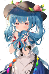 Rule 34 | 1girl, alternate hairstyle, black headwear, blouse, blue hair, blue skirt, blush, bow, bowtie, center frills, cowboy shot, food, frills, fruit, hands up, highres, hinanawi tenshi, holding, holding own hair, leaf, long hair, looking at viewer, peach, puffy short sleeves, puffy sleeves, red bow, red bowtie, red eyes, satoupote, shirt, short sleeves, simple background, skirt, solo, touhou, twintails, white background, white shirt