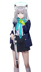 Rule 34 | 1girl, absurdres, adjusting scarf, animal ears, assault rifle, black skirt, blue archive, blue eyes, blue jacket, cat ears, closed mouth, feet out of frame, gloves, green gloves, grey hair, gun, gwangvt, highres, holding, holding gun, holding weapon, jacket, kneehighs, long hair, long sleeves, mismatched pupils, plaid, plaid skirt, pleated skirt, rifle, scarf, shiroko (blue archive), shirt tucked in, sig sauer 556, simple background, single glove, skirt, socks, solo, standing, weapon, white background, white skirt, white socks