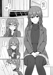Rule 34 | 1girl, :o, blush, braid, breasts, comic, commentary request, greyscale, hair between eyes, highres, jacket, kantai collection, large breasts, long hair, long sleeves, monochrome, noshiro (kancolle), open clothes, open jacket, parted lips, ribbed sweater, sidelocks, sitting, skirt, smile, sweat, sweater, takaman (gaffe), thighhighs, translation request, turtleneck, turtleneck sweater, twin braids
