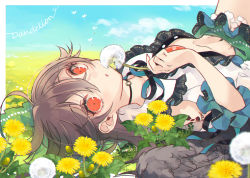 Rule 34 | 1girl, blue sky, bow, brown hair, choker, cloud, dandelion, field, flower, flower field, green bow, green skirt, hair between eyes, hair bow, highres, holding, holding flower, looking at viewer, lying, on back, open clothes, open mouth, outdoors, radiation symbol, red eyes, reiuji utsuho, shirt, short sleeves, skirt, sky, solo, third eye, touhou, toutenkou, upper body, white flower, white shirt, yellow flower