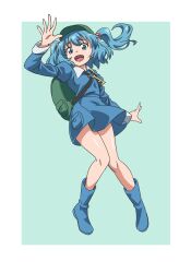 Rule 34 | 1girl, :d, absurdres, backpack, bag, blue eyes, blue footwear, blue hair, blue shirt, blue skirt, boots, commentary, flat cap, full body, green background, green hat, gyouza (mhea5724), hair bobbles, hair ornament, hat, highres, kawashiro nitori, key, long sleeves, looking at viewer, open mouth, rubber boots, shirt, short hair, simple background, skirt, smile, solo, touhou, two side up