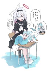 Rule 34 | 2girls, plana (blue archive), absurdres, arona (blue archive), bare legs, black coat, black eyes, black hairband, black serafuku, blue archive, blue hair, blue serafuku, blush, braid, closed eyes, coat, commentary request, covering privates, desk, dreaming, expressionless, facing viewer, full body, hair over one eye, hair ribbon, hairband, halo, head on table, highres, long hair, looking at another, medium hair, multicolored hair, multiple girls, neckerchief, open mouth, pink hair, ribbon, sailor collar, school desk, school uniform, serafuku, single braid, sitting, skirt, squeans, sleep talking, sleeping, sleeping upright, smile, standing, tamura-chan, thought bubble, translation request, two-tone hair, very long hair, white hair, white hairband, white neckerchief, white ribbon, white skirt