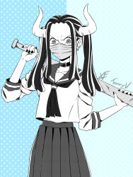 Rule 34 | baseball bat, blue background, delinquent, dress, ear piercing, earrings, greyscale with colored background, highres, holding, holding weapon, horns, jewelry, mask, mouth mask, one piece, piercing, school uniform, signature, simple background, sukeban, surgical mask, tanny v, ulti (one piece), watermark, weapon