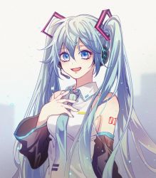 Rule 34 | 1girl, :d, aqua hair, aqua necktie, arm tattoo, bare shoulders, blue eyes, blue nails, breasts, detached sleeves, eyelashes, grey background, hair between eyes, hand on own chest, hand up, hatsuki, hatsune miku, headset, long hair, long sleeves, looking at viewer, nail polish, necktie, open mouth, shirt, sidelocks, sleeveless, sleeveless shirt, small breasts, smile, solo, tattoo, twintails, upper body, vocaloid, white shirt, wide sleeves