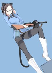 Rule 34 | 1girl, animal ears, black hair, black pantyhose, blue background, blush, boots, cat ears, cat tail, crotch seam, drum magazine, fake animal ears, glasses, gun, hakkinen, long hair, magazine (weapon), panties, panties under pantyhose, pantyhose, ponytail, shimada fumikane, simple background, solo, strike witches, strike witches: suomus misfits squadron, submachine gun, suomi kp/-31, tail, thighband pantyhose, trigger discipline, underwear, weapon, world witches series