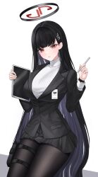 Rule 34 | 1girl, absurdres, black hair, black pantyhose, black skirt, black suit, blue archive, breasts, formal, halo, highres, holding, holding pen, holding tablet pc, holster, id card, large breasts, long hair, looking at viewer, mechanical halo, nyanbutter, pantyhose, pen, red eyes, rio (blue archive), simple background, sitting, skirt, sleeves past wrists, solo, suit, sweater, tablet pc, thigh holster, turtleneck, turtleneck sweater, very long hair, watch, white background, white sweater, wristwatch
