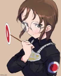 Rule 34 | 10s, 1girl, artist name, black dress, brown background, brown eyes, brown hair, commentary, dress, emblem, frown, girls und panzer, glasses, holding, judge, long sleeves, looking at viewer, medallion, mityubi, one-hour drawing challenge, round eyewear, sasagawa kanon, short hair, solo, uniform, wind, wing collar