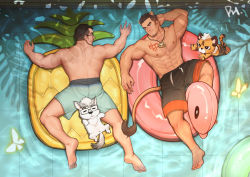 Rule 34 | 2boys, abs, absurdres, alca (wakatanka4), animal ears, ass, bara, bare pectorals, black-framed eyewear, black male swimwear, black swim trunks, blue male swimwear, blue swim trunks, body hair, brown hair, bulge, chest tattoo, commission, couple, drawstring, facial hair, from above, full body, highres, holding, innertube, jewelry, large pectorals, leg hair, lion boy, lion ears, lion tail, lying, male focus, male swimwear, multiple boys, muscular, muscular male, navel, necklace, nipples, on stomach, original, pectorals, peterhl, pool, short hair, smirk, spread legs, stubble, swim ring, swim trunks, swimsuit, tail, tattoo, thick eyebrows, thick thighs, thighs, yaoi