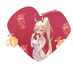 Rule 34 | &gt; &lt;, aiming, alternate costume, ayanami (azur lane), azur lane, backless dress, backless outfit, bare shoulders, blonde hair, blush, bow (weapon), box, breasts, cherry, creature, cup, dress, drinking glass, flying, food, fruit, gift, grey dress, grey sweater, hair between eyes, halo, happy valentine, headgear, heart, heart-shaped box, highres, holding, holding gift, long hair, looking at viewer, manjuu (azur lane), medium breasts, meme attire, ootsuki momiji, orange eyes, ponytail, sideboob, sidelocks, sleeveless, sleeveless dress, sweater, sweater dress, very long hair, virgin killer sweater, weapon, wings, wristband