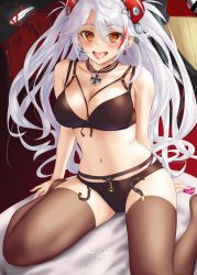 Rule 34 | 1girl, azur lane, bad id, bad pixiv id, black bra, black panties, black thighhighs, blush, bra, breasts, cleavage, condom, cross, cross earrings, cross necklace, cum, cum in mouth, cum on body, cum on breasts, cum on upper body, earrings, hair ornament, hamstarhand, highres, holding, holding condom, jewelry, lingerie, long hair, looking at viewer, medium breasts, navel, necklace, open mouth, orange eyes, panties, prinz eugen (azur lane), silver hair, sitting, solo, thighhighs, twintails, underwear