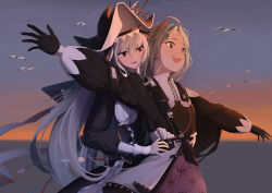Rule 34 | 2girls, absurdres, alter sang, arknights, bird, black dress, black gloves, black headwear, dress, gloves, grey eyes, grey hair, highres, irene (arknights), long hair, long sleeves, multiple girls, open mouth, outstretched arms, parody, pointy hat, purple skirt, red eyes, seagull, skirt, smile, specter (arknights), specter the unchained (arknights), spread arms, titanic (movie), yuri