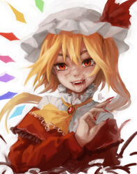 Rule 34 | 1girl, absurdres, alternate costume, ascot, blonde hair, blood, blood from mouth, blood on face, brooch, capelet, commentary, english commentary, fangs, flandre scarlet, full of energy, hair between eyes, hat, head tilt, highres, jewelry, long hair, long sleeves, looking at viewer, mob cap, multicolored wings, one side up, open mouth, red brooch, red capelet, red eyes, red shirt, sharp teeth, shirt, simple background, solo, teeth, touhou, upper body, upper teeth only, white background, white hat, wings, yellow ascot