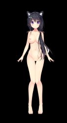 Rule 34 | 1girl, absurdres, ahoge, animal ears, artist request, black hair, blush, breasts, censored, collarbone, completely nude, copyright request, dog ears, dog tail, full body, gluteal fold, hair ornament, hairclip, highres, large breasts, long hair, looking at viewer, mosaic censoring, navel, nipples, nude, ponytail, purple eyes, pussy, solo, standing, tail, thigh gap, transparent background