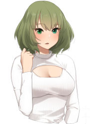 Rule 34 | 1girl, blue eyes, blush, breasts, cleavage, cleavage cutout, clothing cutout, eyelashes, green eyes, green hair, heterochromia, highres, idolmaster, idolmaster cinderella girls, long sleeves, looking at viewer, medium breasts, meme attire, mole, mole under eye, multicolored hair, open-chest sweater, parted lips, playing with own hair, senju (snz0), short hair, simple background, solo, streaked hair, sweater, takagaki kaede, teeth, tsurime, upper body, upper teeth only, white background, white sweater