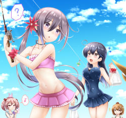 Rule 34 | &gt;:), 4girls, ?, ahoge, akebono (kancolle), armpits, bag, baretto (firearms 1), bell, black hair, blue sky, breasts, brown eyes, brown hair, carrying, cellphone, choker, cleavage, cloud, cloudy sky, collarbone, commentary request, crab, day, fishing hook, fishing rod, flower, flying sweatdrops, grey eyes, hair bell, hair bobbles, hair flower, hair ornament, hat, unworn hat, unworn headwear, holding, kantai collection, long hair, multiple girls, musical note, oboro (kancolle), phone, pink eyes, pink hair, plastic bag, pleated skirt, polka dot, polka dot swimsuit, rabbit, sazanami (kancolle), short hair, side ponytail, silver hair, skirt, sky, small breasts, smartphone, spoken musical note, spoken question mark, straw hat, swimsuit, twintails, ushio (kancolle), v-shaped eyebrows