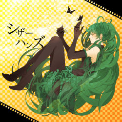 Rule 34 | 1girl, bad id, bad pixiv id, checkered background, claws, closed eyes, den17, earrings, elbow gloves, female focus, frills, full body, gloves, gradient background, green hair, hatsune miku, high heels, jewelry, long hair, pantyhose, scissorhands (vocaloid), shoes, solo, very long hair, vocaloid