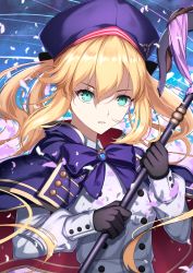 Rule 34 | absurdres, artoria caster (fate), artoria caster (second ascension) (fate), artoria pendragon (fate), beret, black bow, black gloves, blonde hair, blue cloak, blue hat, bow, buttons, cloak, collar, collared shirt, fate/grand order, fate (series), flower, gem, gloves, gold trim, green eyes, hair bow, hat, highres, holding, holding staff, long hair, long sleeves, night, night sky, open mouth, ornament, petals, shirt, simple background, sky, solo, sou skate714, staff, star (sky), thighhighs