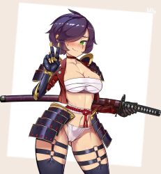 Rule 34 | 1girl, armor, black thighhighs, border, breasts, brown border, cameltoe, cleavage, cleft of venus, closed mouth, commission, fundoshi, gauntlets, green eyes, hair over one eye, highres, holding, holding sword, holding weapon, japanese armor, japanese clothes, katana, large breasts, looking at viewer, mole, mole on breast, navel, nisetanaka, original, panties, pauldrons, purple hair, samurai, sheath, sheathed, short hair, shoulder armor, smile, solo, string panties, sword, thighhighs, underwear, v, weapon, white background, white panties