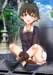 Rule 34 | 1girl, 3d background, black footwear, black hair, blush, boots, breasts, brown eyes, cameltoe, collarbone, girls und panzer, highres, lamppost, looking at viewer, megadeko, military, military uniform, miniskirt, nakajima (girls und panzer), on vehicle, ooarai military uniform, open mouth, outdoors, panties, photo background, pleated skirt, short hair, skirt, small breasts, solo, underwear, uniform, white panties, white skirt
