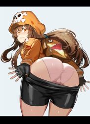 Rule 34 | 1girl, ass, ass focus, bike shorts, black shorts, blush, brown eyes, brown hair, cameltoe, clothes pull, embarrassed, fingerless gloves, from behind, from below, gloves, guilty gear, guilty gear strive, hat, highres, huge ass, kasei yukimitsu, leaning, leaning forward, long hair, looking at viewer, looking back, may (guilty gear), panties, pirate hat, short shorts, shorts, shorts pull, skull and crossbones, solo, underwear, very long hair