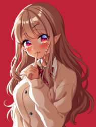 Rule 34 | 1girl, absurdres, bow, bowtie, brown hair, collared shirt, commentary request, elu (nijisanji), finger to mouth, flower, hair flower, hair ornament, hairpin, highres, hina (hinalovesugita), long hair, nijisanji, pointy ears, red background, red bow, red bowtie, red eyes, shirt, shushing, sidelocks, simple background, sleeves past wrists, smile, solo, upper body, virtual youtuber