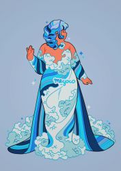 Rule 34 | 1girl, artist name, bad id, bad twitter id, blue background, braid, braided ponytail, closed eyes, cloud, dress, full body, hand up, long sleeves, meyoco, multicolored hair, off-shoulder dress, off shoulder, original, plump, print dress, profile, simple background, solo, sparkle, standing, wave print
