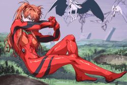 Rule 34 | 1girl, 4others, blue eyes, bodysuit, breasts, brown hair, fallen angel (painting), full body, hair ornament, highres, interface headset, long hair, mass production eva, medium breasts, multiple others, neon genesis evangelion, plugsuit, red bodysuit, serious, shiny clothes, simple background, souryuu asuka langley, the end of evangelion, wings, wwggqqmm