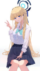 Rule 34 | 1girl, black skirt, blonde hair, blue archive, blue bow, blue bowtie, blue eyes, blue hair, bow, bowtie, braid, buttons, closed mouth, collared shirt, feet out of frame, halo, highres, long hair, multicolored hair, muu441, pleated skirt, school uniform, shirt, simple background, skirt, solo, streaked hair, toki (blue archive), white background, white shirt