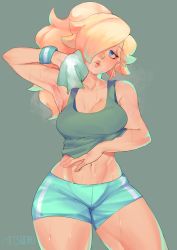 Rule 34 | 1girl, absurdres, arm up, bare shoulders, blonde hair, blue eyes, breasts, cleavage, collarbone, green background, hair over one eye, highres, large breasts, long hair, mario (series), medium breasts, mitsooru, navel, nintendo, parted lips, ponytail, rosalina, signature, simple background, solo, steam, sweat, towel, wiping, wiping sweat, wristband