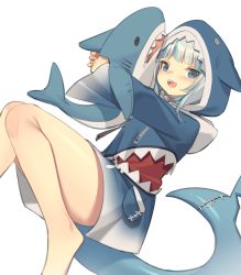 Rule 34 | 1girl, :d, animal hood, bare legs, barefoot, blue eyes, blue hair, blue hoodie, blush, commentary request, drawstring, fins, fish tail, gawr gura, gawr gura (1st costume), hololive, hololive english, hood, hood up, hoodie, hugging object, kildir, knees together feet apart, long sleeves, looking at viewer, multicolored hair, open mouth, outstretched arms, shark hood, shark tail, sharp teeth, silver hair, simple background, sleeves past wrists, smile, solo, streaked hair, stuffed animal, stuffed shark, stuffed toy, tail, teeth, virtual youtuber, white background