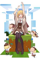 Rule 34 | 1girl, ;o, absurdres, arms up, blonde hair, blue eyes, brown coat, brown skirt, brown thighhighs, chibi, clone, coat, collared shirt, hair ornament, high-waist skirt, highres, hololive, hololive english, long sleeves, looking at viewer, minecraft, no shoes, one eye closed, open mouth, shirt, short hair, skirt, smol ame, solo, soriham, test tube, thigh strap, thighhighs, virtual youtuber, watson amelia, white shirt, zettai ryouiki
