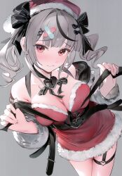 Rule 34 | absurdres, bandaid, bandaid hair ornament, bell, belt, black belt, black hair, blush, breasts, closed mouth, dress, frilled dress, frills, grey hair, hair ornament, hair ribbon, hat, highres, holding, holding bell, hololive, large breasts, long sleeves, looking at viewer, multicolored hair, red dress, red eyes, ribbon, sakamata chloe, santa costume, santa hat, scan, standing, streaked hair, thigh strap, twintails, umibouzu (niito), virtual youtuber, x hair ornament