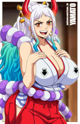 Rule 34 | 1girl, ahoge, aqua hair, bare arms, bare shoulders, border, breasts, character name, cleavage, collarbone, cowboy shot, curled horns, earrings, fingernails, green hair, hair ornament, hair stick, hakama, hands on own chest, hands up, highres, hip vent, horns, huge breasts, japanese clothes, jewelry, kimono, large breasts, long hair, looking at viewer, low neckline, multicolored hair, multicolored horns, naughty face, one piece, oni, open mouth, orange eyes, orange horns, paid reward available, red horns, paid reward available, rope, sano br, shimenawa, sidelocks, sleeveless, sleeveless kimono, smile, solo, v-shaped eyebrows, very long hair, watermark, web address, white hair, yamato (one piece)
