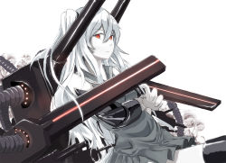 Rule 34 | 10s, 1girl, abyssal ship, aircraft carrier oni, bad id, bad pixiv id, colored skin, dress, gauntlets, kantai collection, long hair, looking at viewer, machinery, one side up, patisurotto, reaching, red eyes, sailor dress, short dress, side ponytail, sitting, sketch, solo, thighhighs, very long hair, white hair, white skin, zettai ryouiki