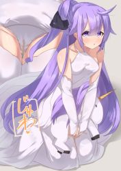 Rule 34 | 1girl, ahoge, ass, azur lane, bare shoulders, black ribbon, blunt bangs, blush, breasts, bridal gauntlets, close-up, collarbone, dress, elbow gloves, embarrassed, female focus, full body, gloves, grey background, hair flaps, hair ribbon, have to pee, heart, holding, holding stuffed toy, japanese text, kneeling, leaning forward, long hair, looking at viewer, matching hair/eyes, medium breasts, minamimachi naname, multiple views, one side up, open mouth, own hands together, panties, pee, peeing, peeing self, purple eyes, purple hair, ribbon, shiny skin, sidelocks, simple background, sleeveless, sleeveless dress, stuffed toy, stuffed unicorn, tears, thighhighs, translation request, underwear, unicorn (azur lane), v arms, very long hair, wet, wet clothes, wet panties, white dress, white gloves, white panties, white thighhighs