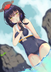 Rule 34 | 1girl, absurdres, asymmetrical hair, black gloves, black hair, black one-piece swimsuit, blue sky, blurry, cloud, commentary request, cowboy shot, day, depth of field, dutch angle, finger to mouth, framed breasts, gloves, hair between eyes, hat, highres, i-13 (kancolle), kantai collection, one-hour drawing challenge, one-piece swimsuit, outdoors, partially fingerless gloves, rock, school swimsuit, school uniform, shinji (xsinnzix), short hair, sky, soaking feet, solo, standing, swimsuit, thigh gap, tsurime, twitter username, wading, water, yellow eyes