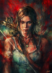 Rule 34 | 1girl, bow (weapon), brown eyes, brown hair, gradient background, highres, lara croft, long hair, looking at viewer, portrait, realistic, solo, tomb raider, tomb raider (reboot), weapon