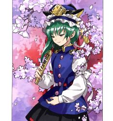 Rule 34 | 1girl, asymmetrical hair, black skirt, blue hat, blue vest, closed mouth, flower, frilled hat, frills, green eyes, hat, highres, holding, juliet sleeves, kaigen 1025, long sleeves, looking at viewer, phantasmagoria of flower view, puffy sleeves, purple flower, rod of remorse, shiki eiki, skirt, solo, touhou, vest